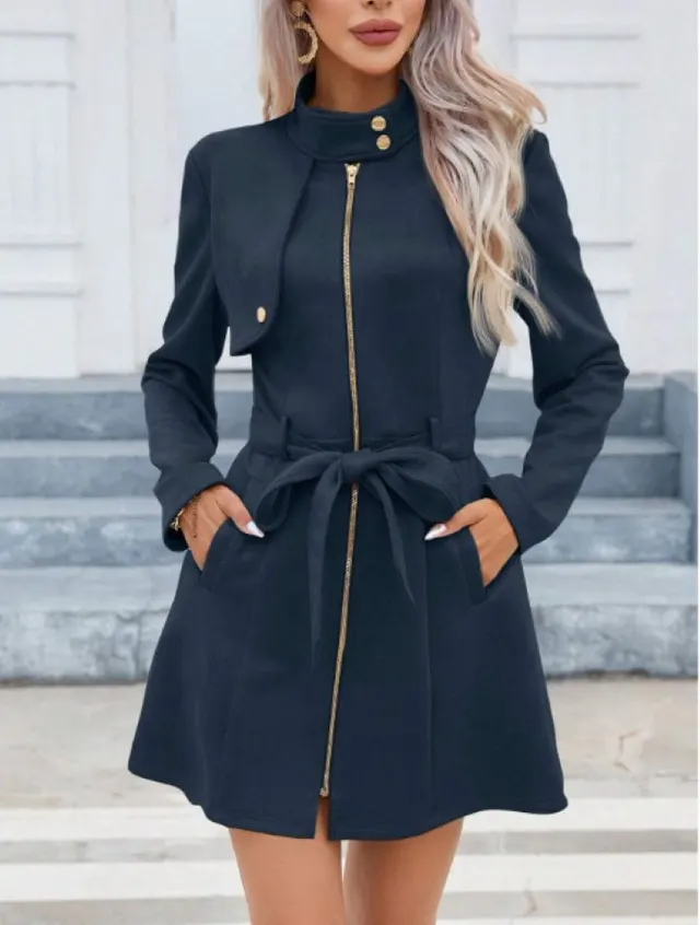Autumn And Winter Simplicity Double Breasted Lapel Fashion New Green Waist tight Temperament Women's Short Jacket Navy Blue - Shop at LoveMi