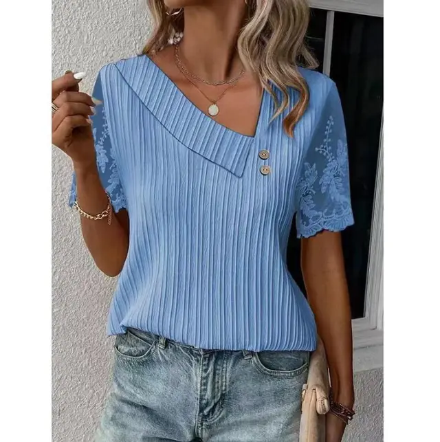 Lace Sleeve Patchwork Short sleeved T shirt Women Blue - Shop at LoveMi