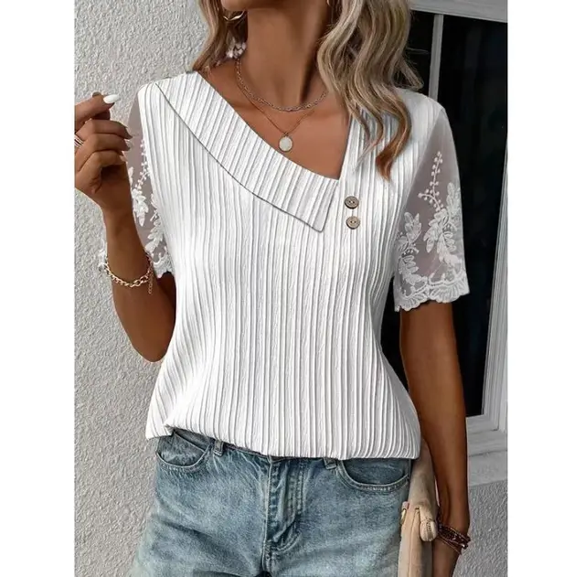 Lace Sleeve Patchwork Short sleeved T shirt Women White - Shop at LoveMi