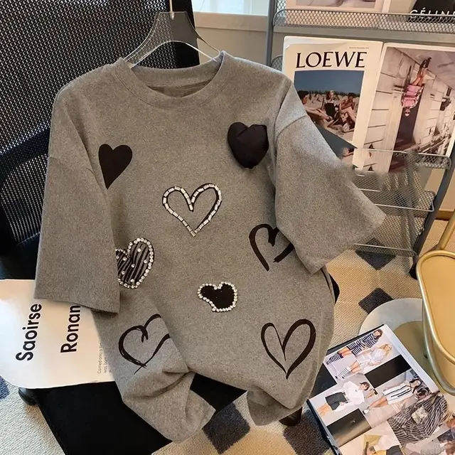 Fashion Gray Heart Shape With Diamond T shirt For Women Gray - Shop at LoveMi