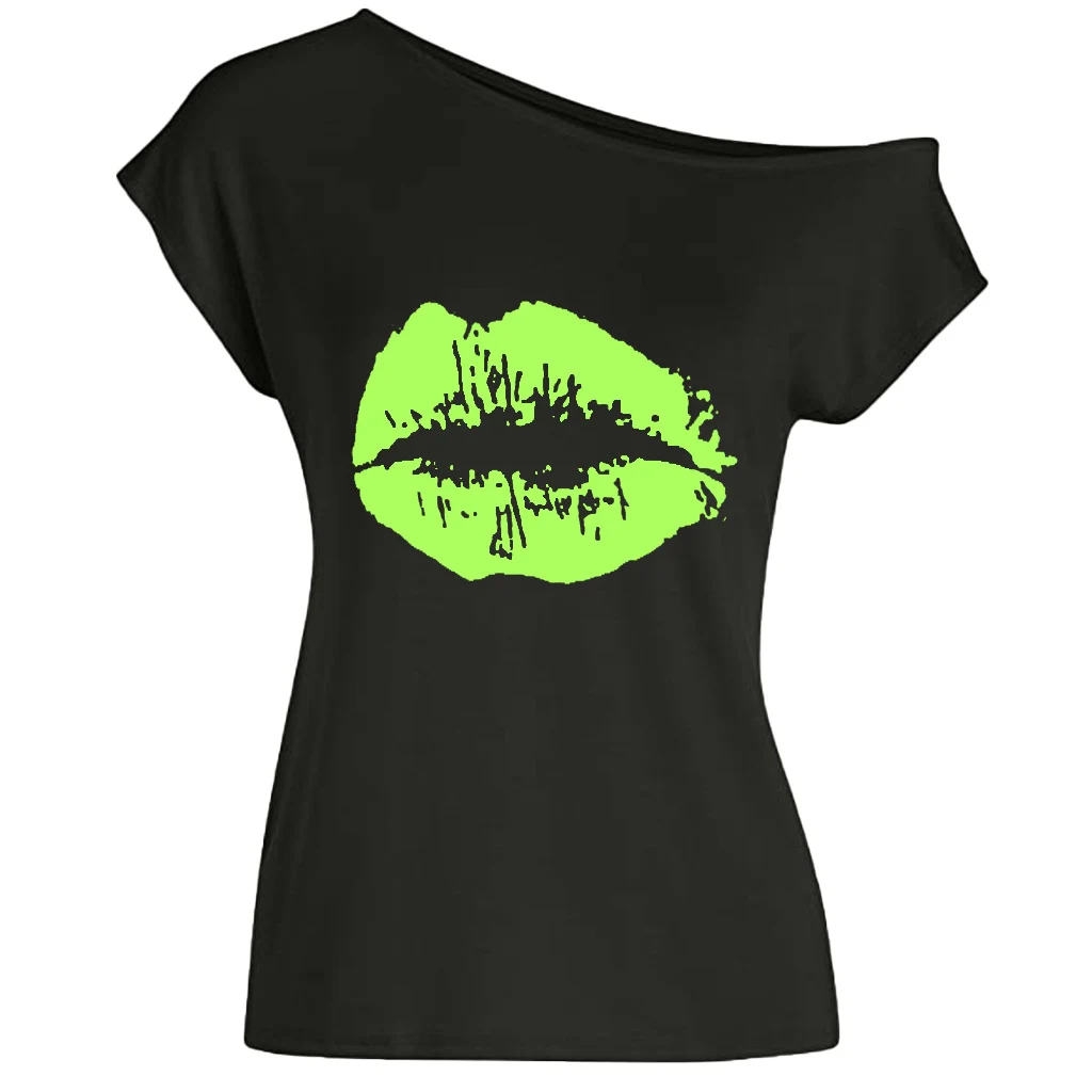 Women's Loose Shoulder Versatile Printed T-shirt - Fluorescent Green Lip