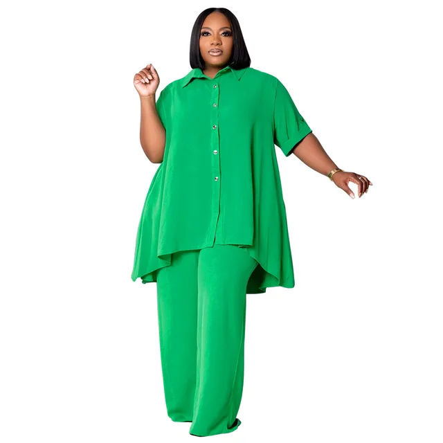 Temperament Short Sleeve Top Wide Leg Pants Suit Green - Shop at LoveMi