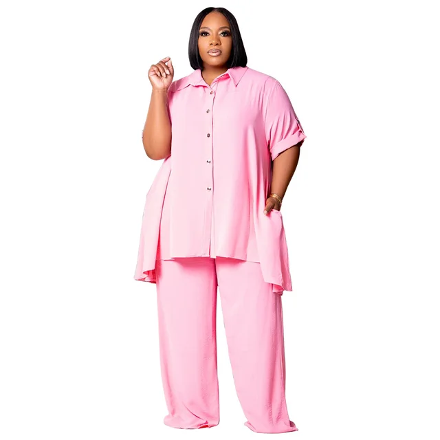 Temperament Short Sleeve Top Wide Leg Pants Suit Pink - Shop at LoveMi
