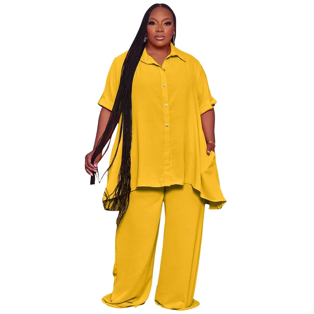 Temperament Short Sleeve Top Wide Leg Pants Suit Yellow - Shop at LoveMi