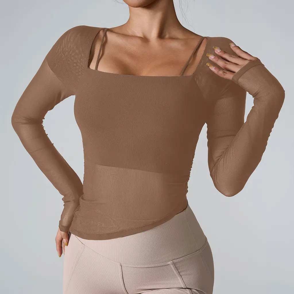 European And American Long Sleeve Yoga Wear - Cocoa Color