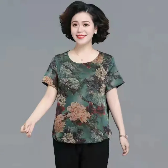 Mom Wear Western Style Suit Ice Silk Top Western Style Small Blouse Short Sleeve Green Bottom Flower Top - Shop at LoveMi