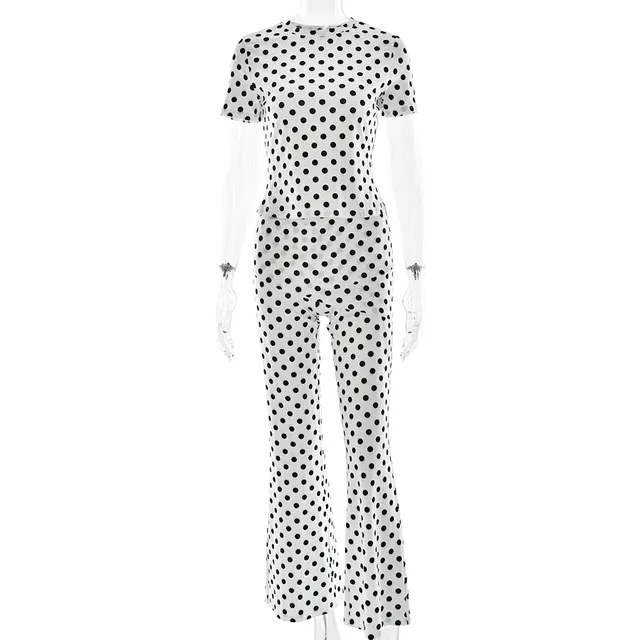 Women's Dot Sexy Round Neck Short Sleeve Bootcut Pants Casual Suit White - Shop at LoveMi