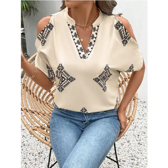 Women's Casual Geometric Printed Short sleeved Top Apricot - Shop at LoveMi