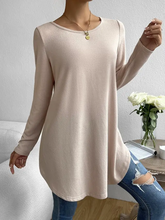 Casual Slit On Both Sides Hem Solid Color Round Neck Long Sleeve T shirt Apricot - Shop at LoveMi
