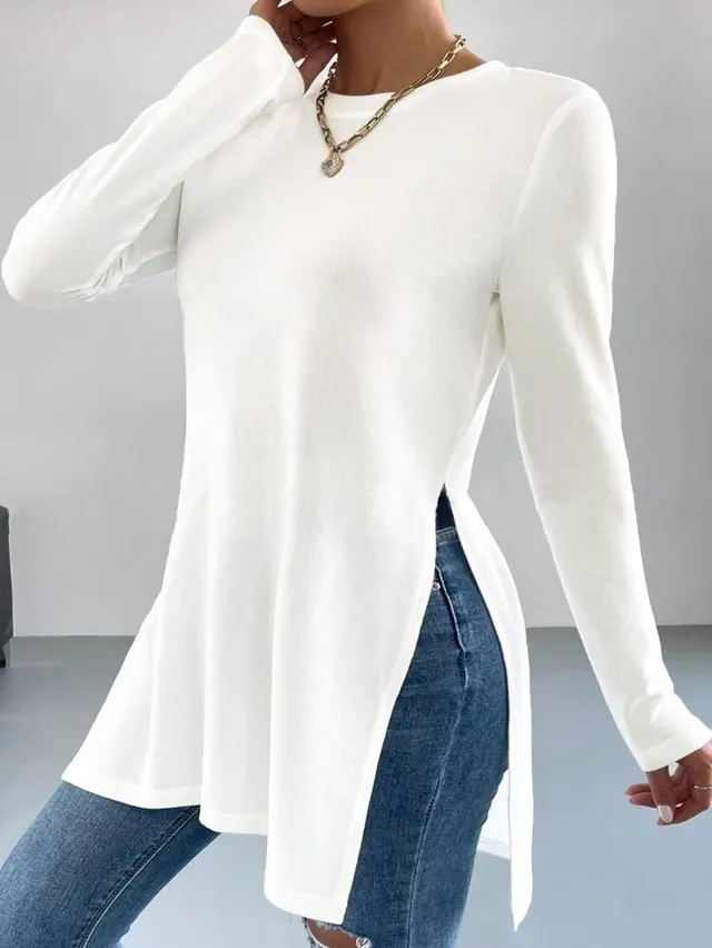 Autumn And Winter Leisure Slit On Both Sides Hem Bottoming Long Sleeve T shirt White - Shop at LoveMi