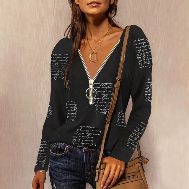 Zipper V neck English Print Long Sleeve Casual Top Black - Shop at LoveMi