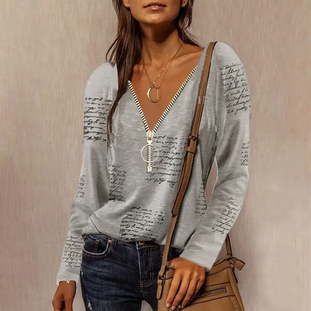 Zipper V neck English Print Long Sleeve Casual Top Gray - Shop at LoveMi