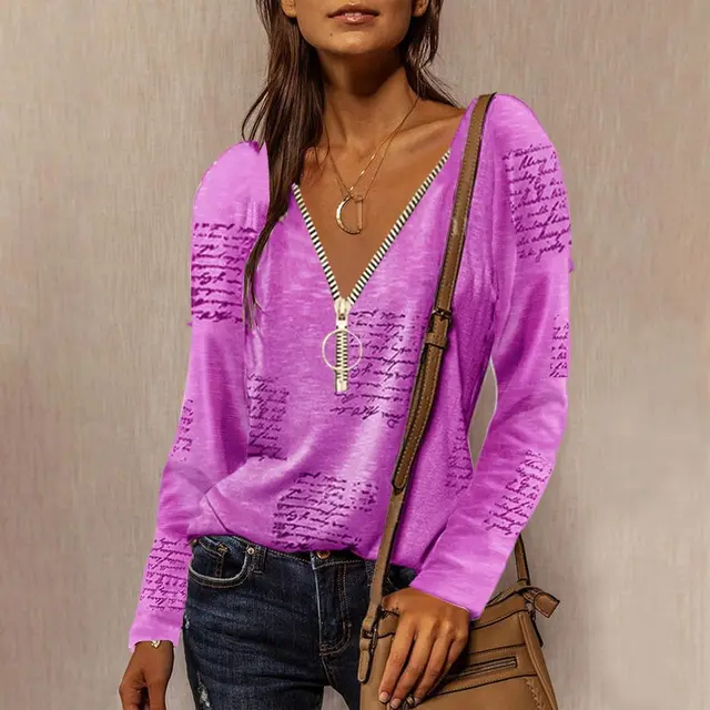Zipper V neck English Print Long Sleeve Casual Top Purple - Shop at LoveMi