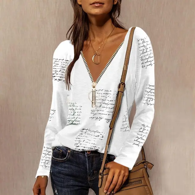 Zipper V neck English Print Long Sleeve Casual Top White - Shop at LoveMi