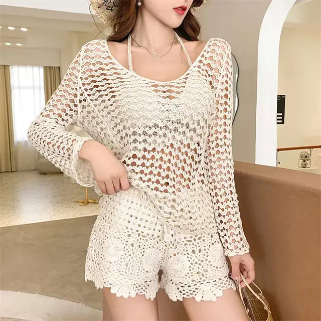 Hollowed out Embroidery Knitted Female Suits Apricot 3 Pieces Suit - Shop at LoveMi