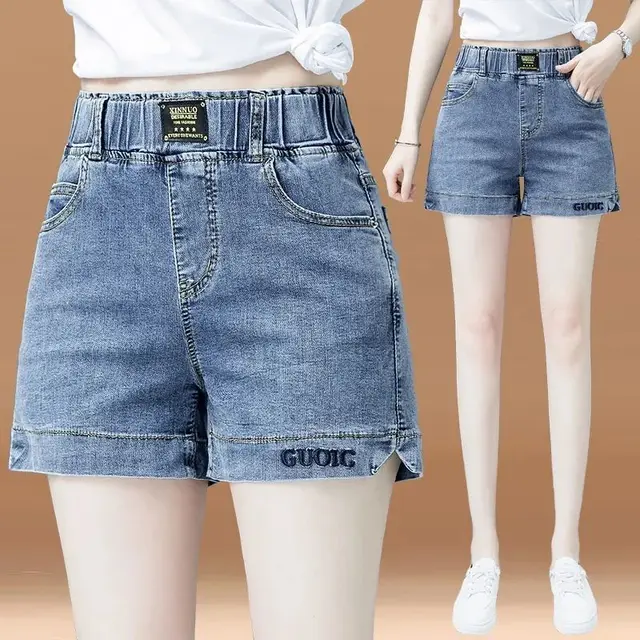 High Waist Denim Shorts Women Elastic Wide Leg Blue - Shop at LoveMi