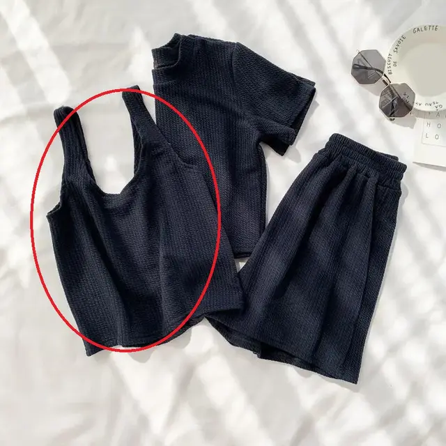 Women's Short sleeved Student Three piece Set Wide leg Shorts Navy Blue Vest - Shop at LoveMi