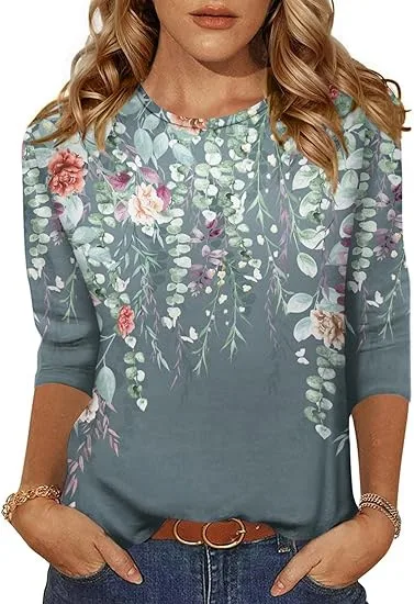 Women's Three quarter Sleeve T shirt Top Floral 6 - Shop at LoveMi