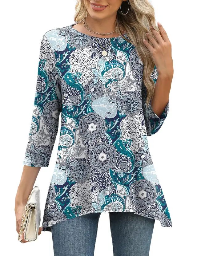 Women's Three quarter Sleeve Waist Loose Round Neck Casual Top 2 Style - Shop at LoveMi