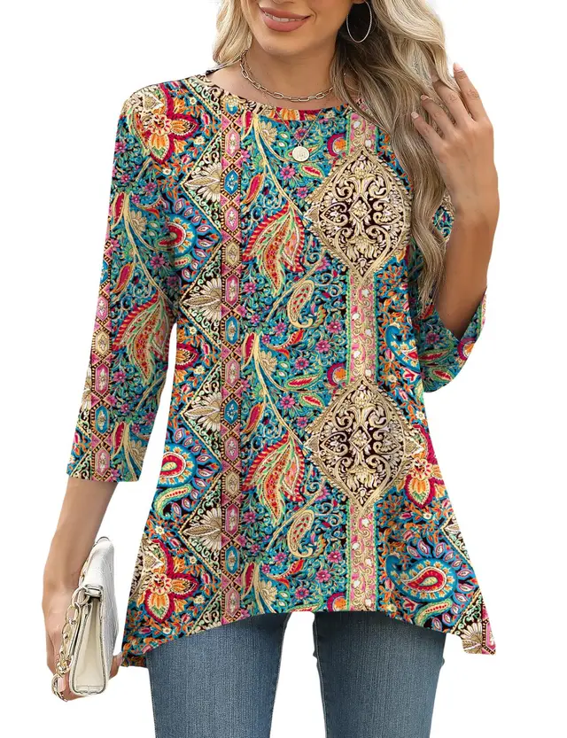 Women's Three quarter Sleeve Waist Loose Round Neck Casual Top 3 Style - Shop at LoveMi
