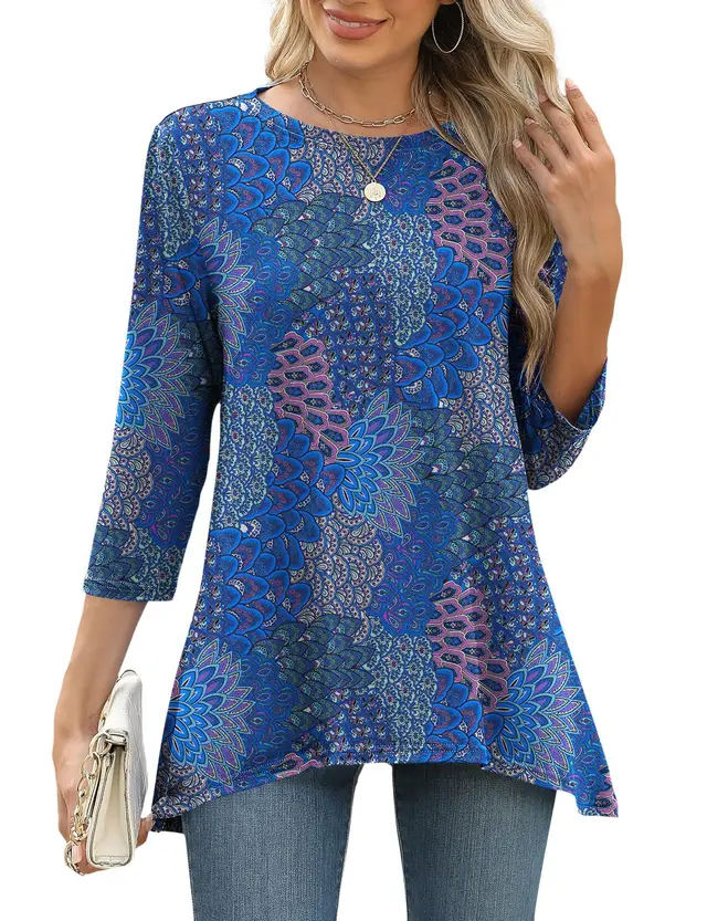 Women's Three quarter Sleeve Waist Loose Round Neck Casual Top 4 Style - Shop at LoveMi