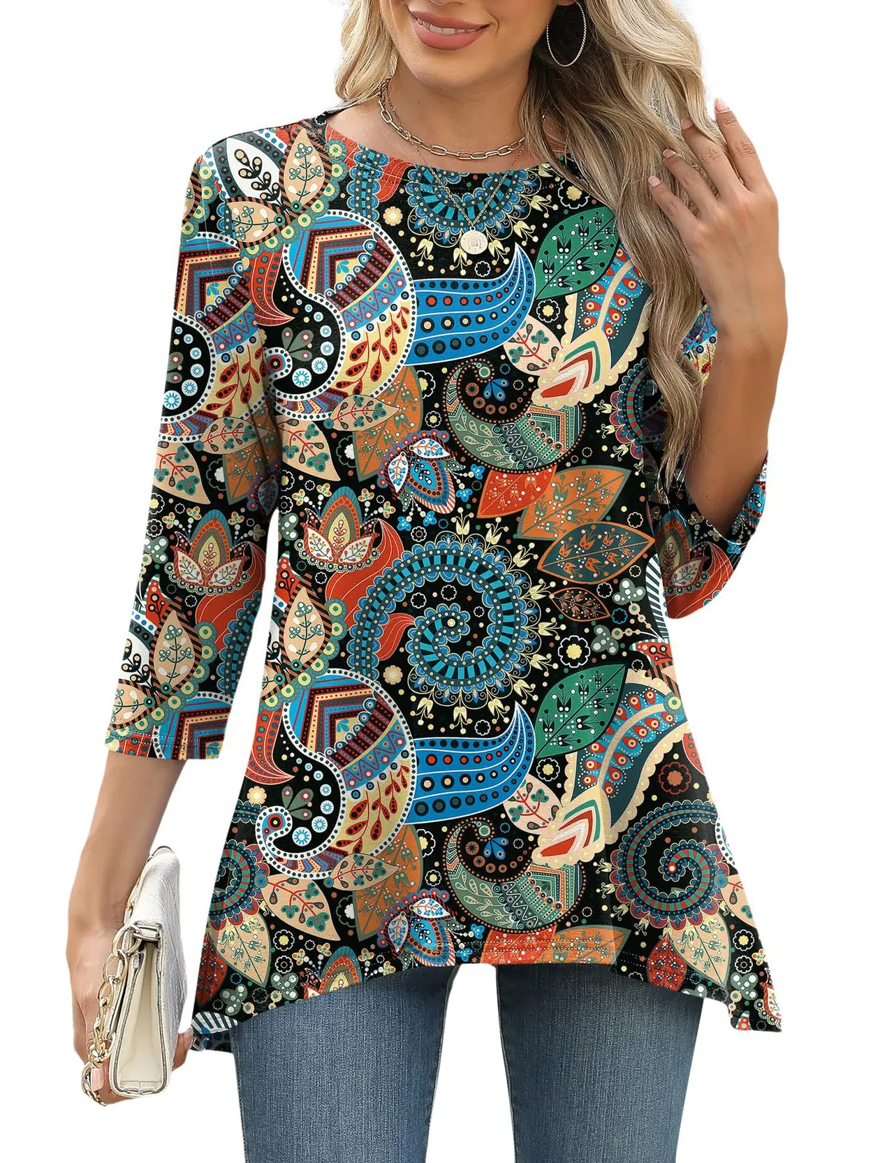 Women's Three-quarter Sleeve Waist Loose Round Neck Casual Top - 5 Style