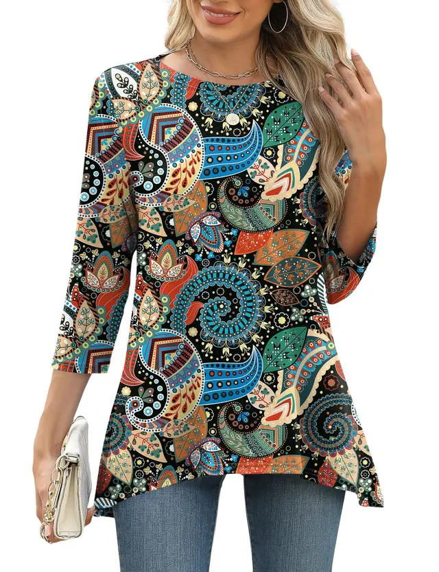 Women's Three quarter Sleeve Waist Loose Round Neck Casual Top 5 Style - Shop at LoveMi