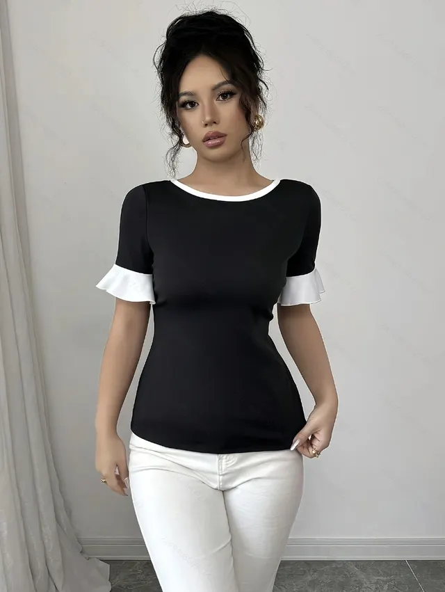 Women's Color Matching Short sleeved Top Black - Shop at LoveMi