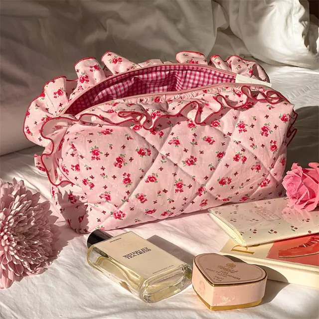 Large Capacity Travel Multifunctional Floral Makeup Bag Pink Lace Rose - Shop at LoveMi