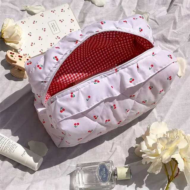 Large Capacity Travel Multifunctional Floral Makeup Bag White Lace Cherry - Shop at LoveMi