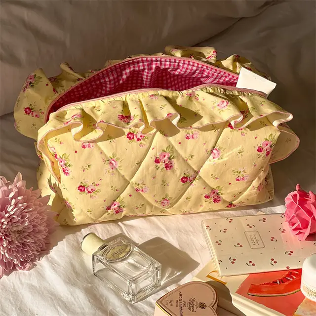Large Capacity Travel Multifunctional Floral Makeup Bag Yellow Lace Rose - Shop at LoveMi