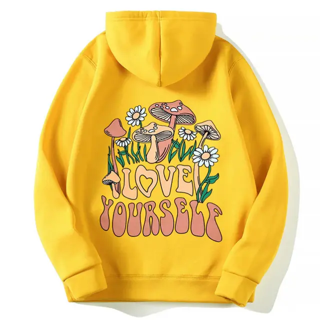 Drop shoulder Sleeve Letters LOVE YOURSELF Hooded Fleece Sweatshirt Yellow - Shop at LoveMi