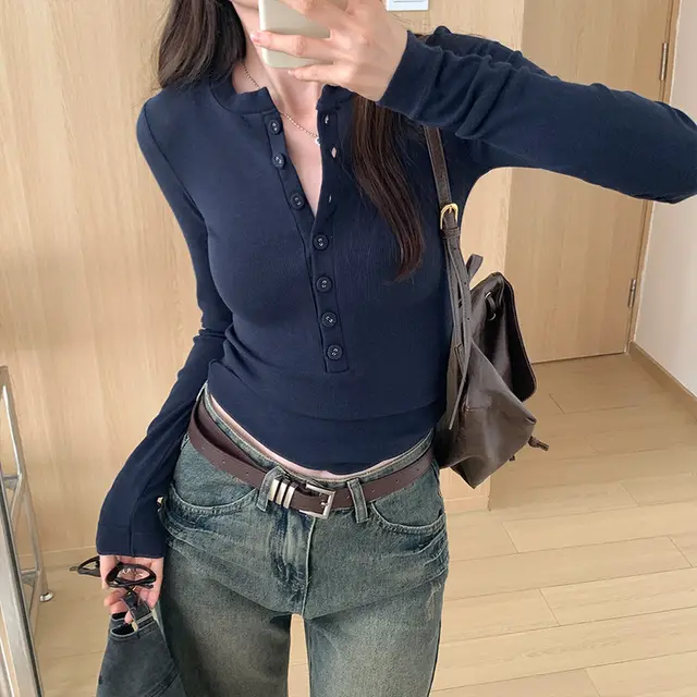 Pure Desire Long Sleeve Slim Design Sense Inner Bottoming Shirt Women Navy Blue - Shop at LoveMi