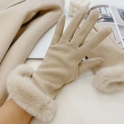 Warm Gloves Autumn And Winter Women's Cycling And Driving Lengthened Dralon Beige - Shop at LoveMi