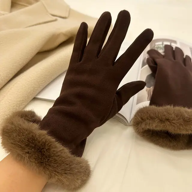 Warm Gloves Autumn And Winter Women's Cycling And Driving Lengthened Dralon Brown - Shop at LoveMi