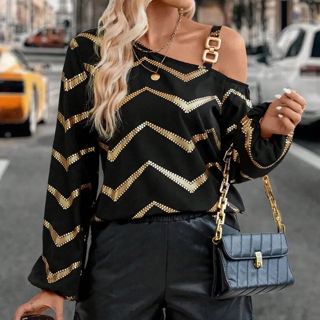 Women's Asymmetric Collar Long sleeved Striped T shirt Top Black - Shop at LoveMi