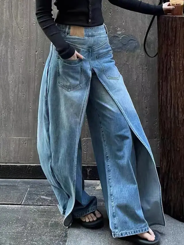 Y2g Waste Soil Wind Front And Back Wear Washed Loose Wide Leg Jeans Washed Blue - Shop at LoveMi