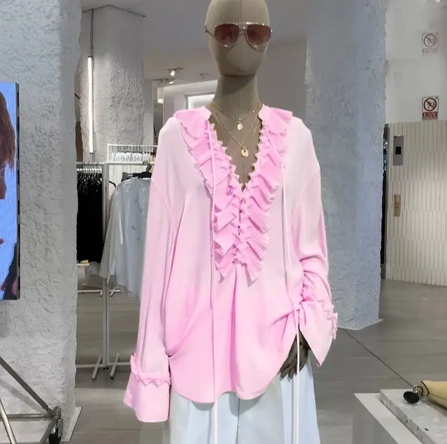 Pleated Lace Collar Top Court Long Sleeve Pink - Shop at LoveMi