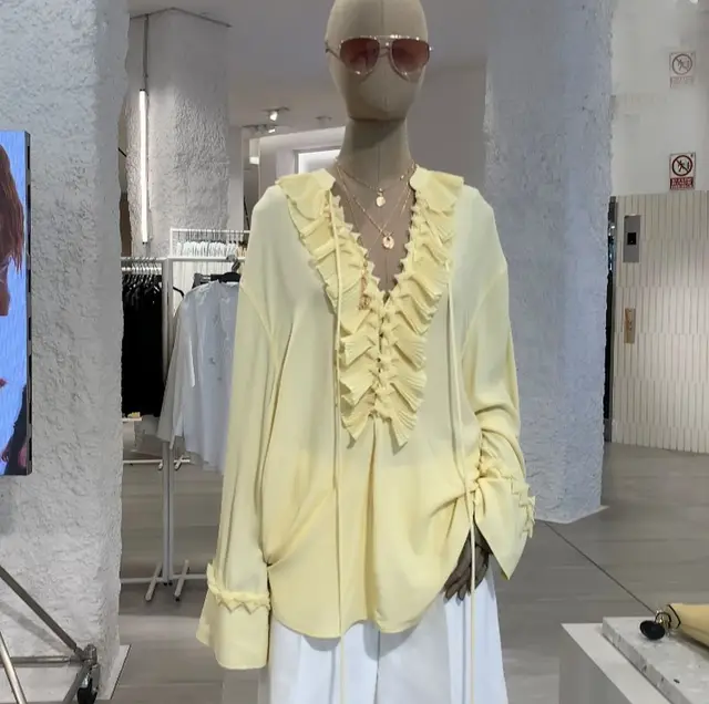 Pleated Lace Collar Top Court Long Sleeve Yellow - Shop at LoveMi
