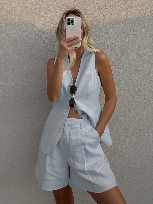 Cotton Linen Shorts Commuter Vest Shorts Suit Sea Blue - Shop at LoveMi