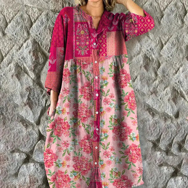 Fashion Sweet Loose Floral Button Dress Women Watermelon Red - Shop at LoveMi