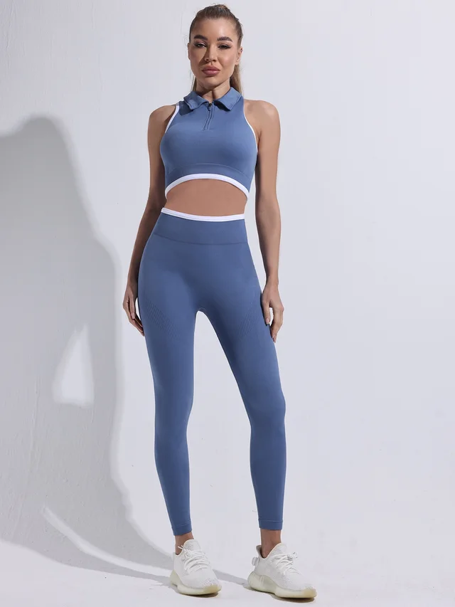 Round Neck Yoga Clothes Sleeveless Running Bra Fitness Trousers Sports Suit Gray - Shop at LoveMi