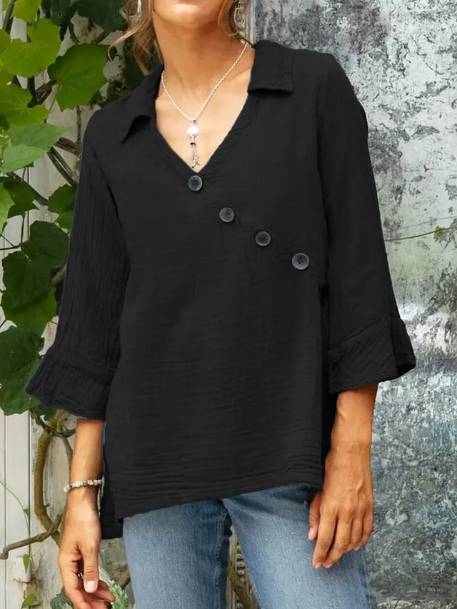 Women's Cotton And Linen Button V neck Shirt Top Black - Shop at LoveMi