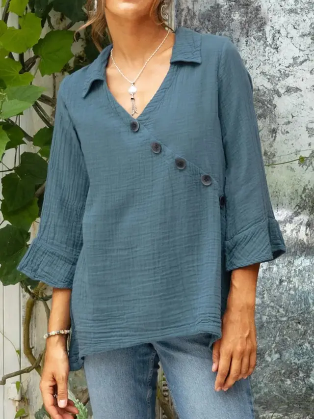 Women's Cotton And Linen Button V neck Shirt Top Blue - Shop at LoveMi