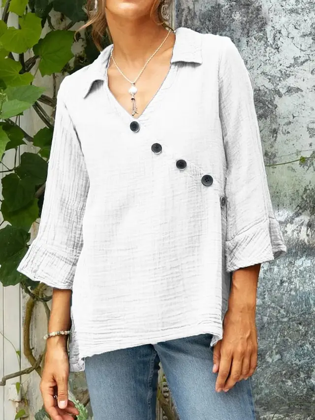 Women's Cotton And Linen Button V neck Shirt Top White - Shop at LoveMi