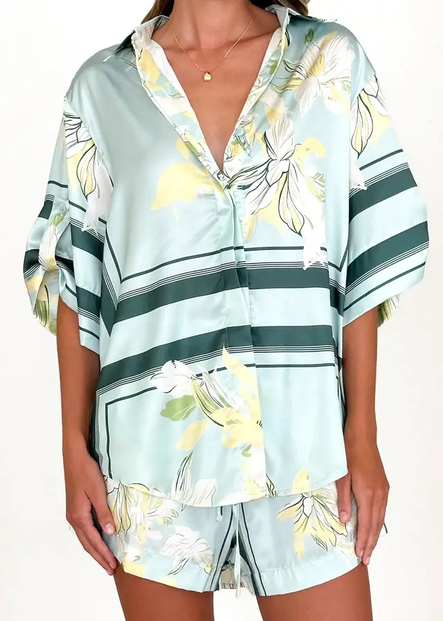 Printed Cardigan Shirt Shorts Suit Light Green - Shop at LoveMi