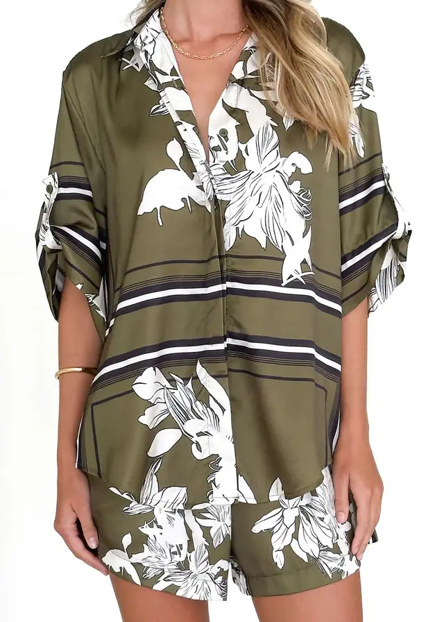 Printed Cardigan Shirt Shorts Suit Olive Green - Shop at LoveMi