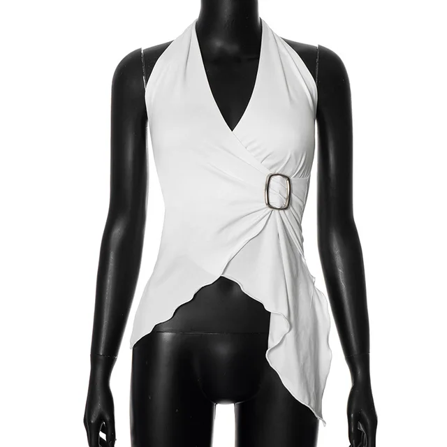 Women's Solid Color Sleeveless V neck Sexy Halter Crossover Tops White - Shop at LoveMi