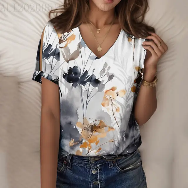 Ladies' Off Shoulder Printed V neck Short Sleeved Shirt Bmjxtx189 - Shop at LoveMi