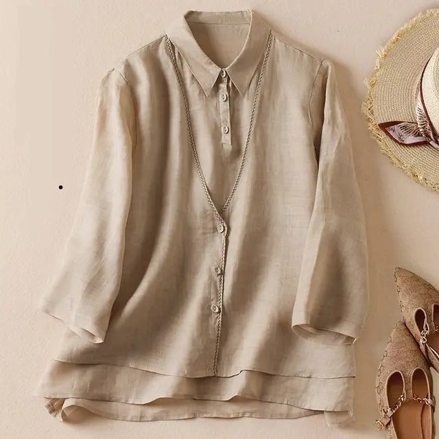 Women's Artistic Retro Fake Two piece Cotton And Linen Half Sleeves Shirt Apricot - Shop at LoveMi